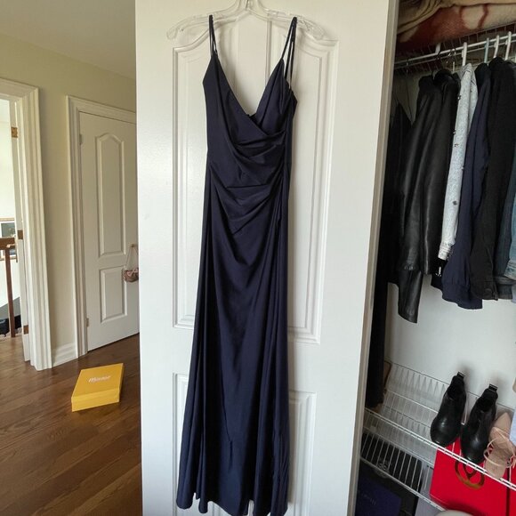 Navy Ruched Slit Leg V Neck Dress - Picture 4 of 5